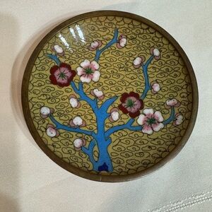 Vintage Chinese Floral Cloisonne Enamel Trinket Dish with Blue and Red Design
